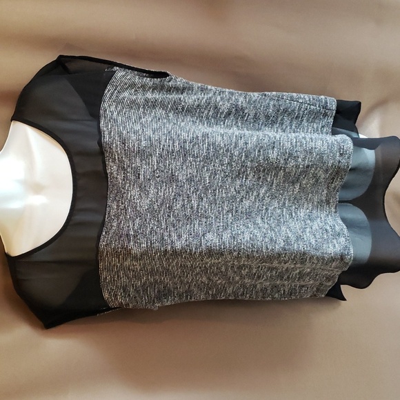 Ann Tayor Black and White Capped Sleeve Knit Top with Sheer Trim - Picture 2 of 10